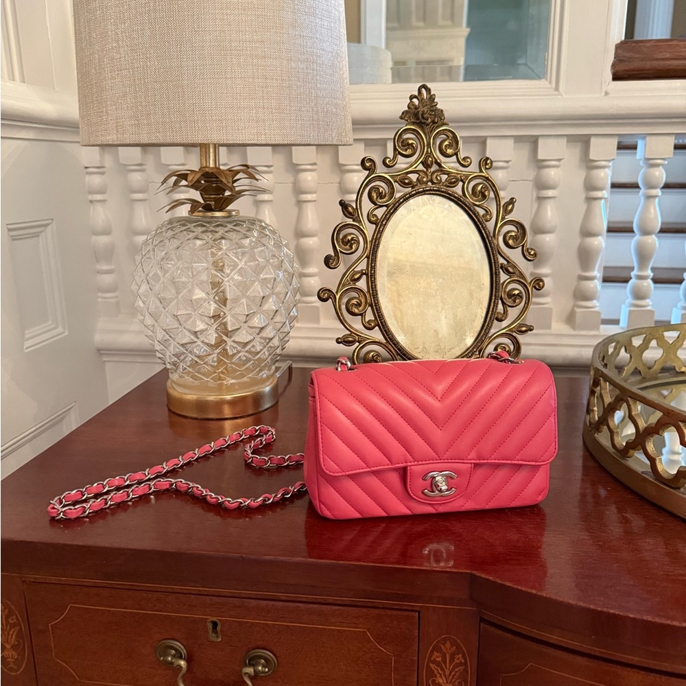 SOLD PRISTINE Chanel rectangle chevron mini flap in GORGEOUS pink Lambskin